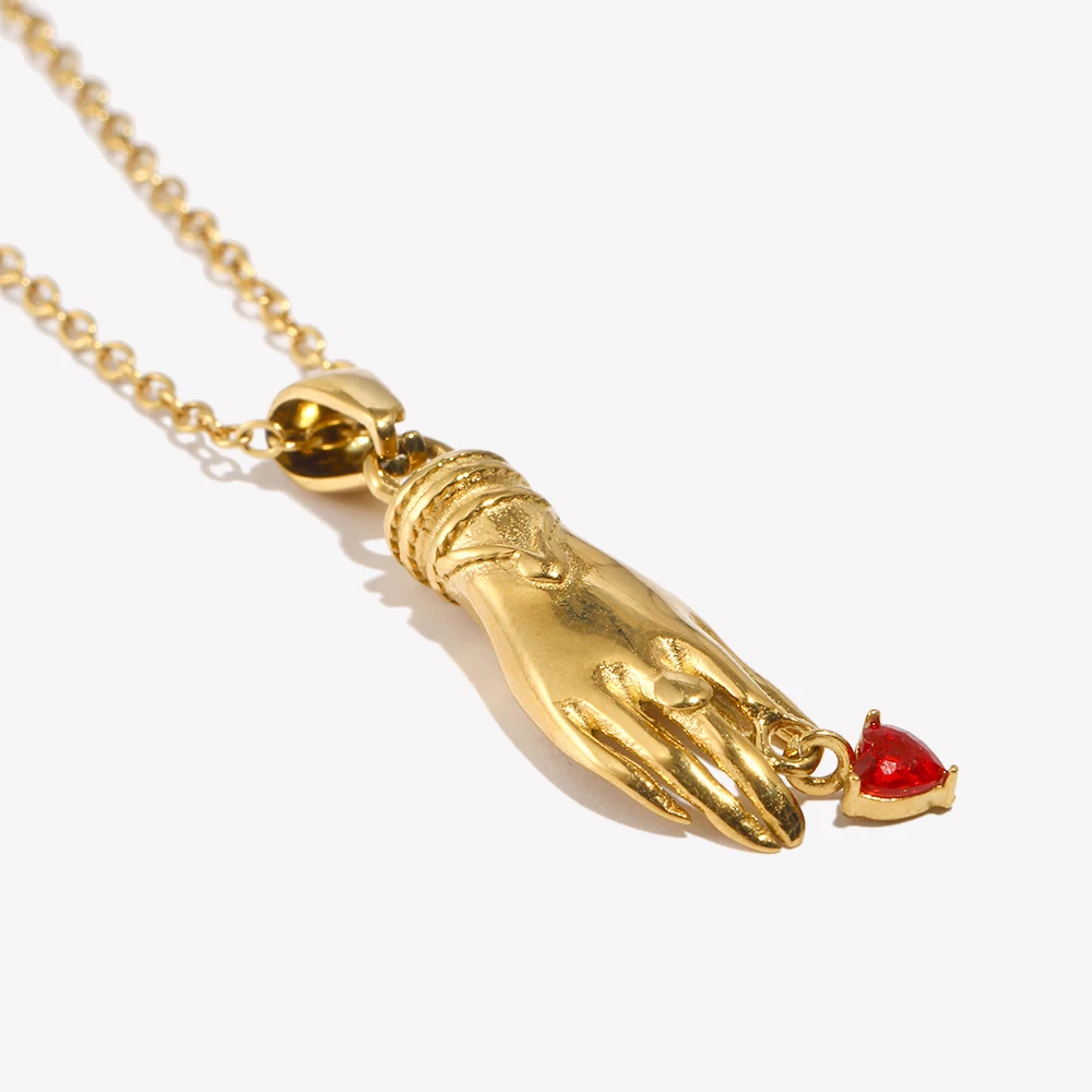 E.B.belle One Handed Red Rhinestone Pendant Necklace Gold/Silver Color Stainless Steel Waterproof Tarnish Free Fashion Jewelry