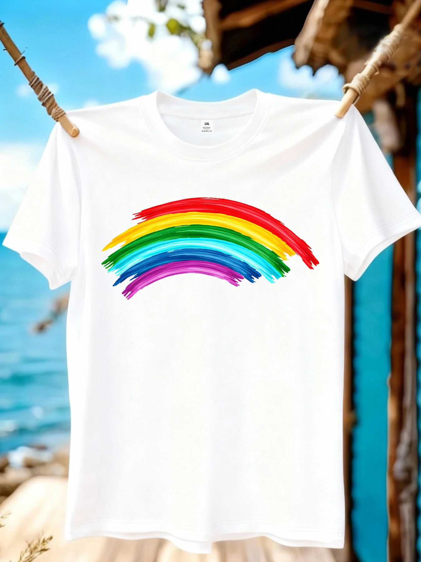 

【WZM10969】Rainbow print plus size women's round neck summer casual short sleeved street fashion versatile T-shirt