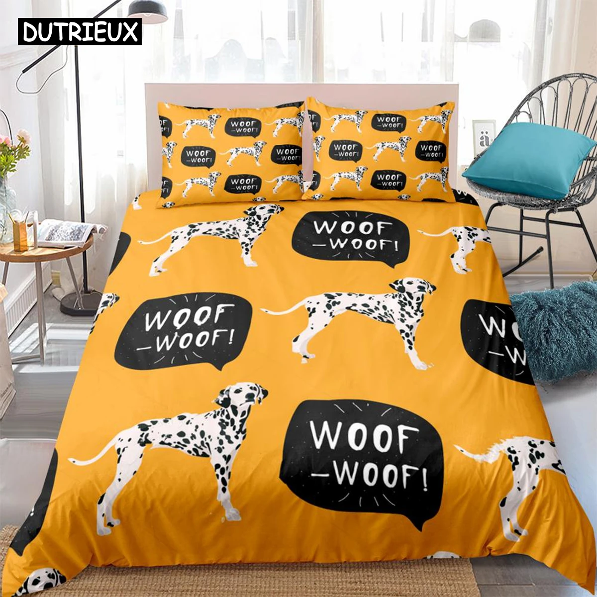 Spotted Dogs Duvet Cover Set Dalmatians Bedding Kids Black White Dogs Woof-Woof Cartoon Pet Quilt Cover Yellow Brown Dropship