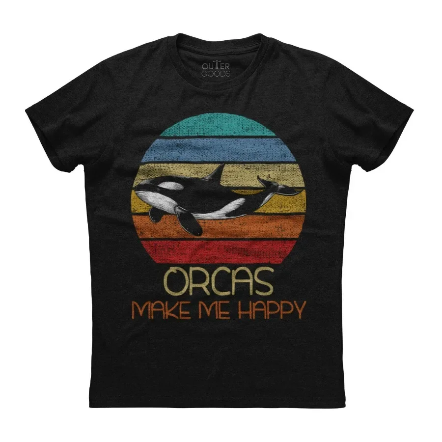 Orcas Make Me Happy. Vintage Sunset Killer Whale Printed T-Shirt. Summer Cotton O-Neck Short Sleeve Mens T Shirt New