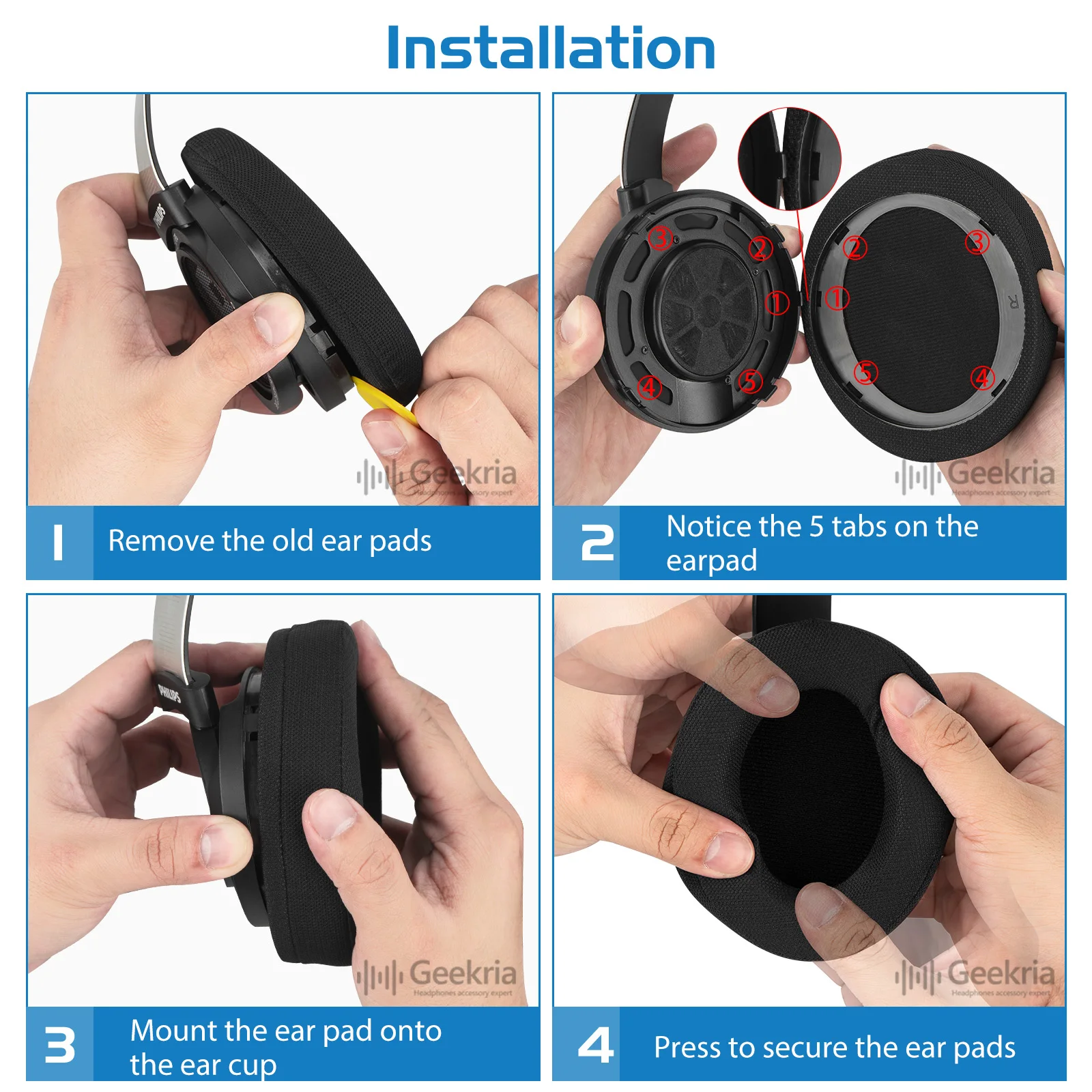 Geekria-Comfort Mesh Tecido Substituição Ear Pads para Philips Auscultadores, Earpads, Headset, SHP9500, SHP9500S
