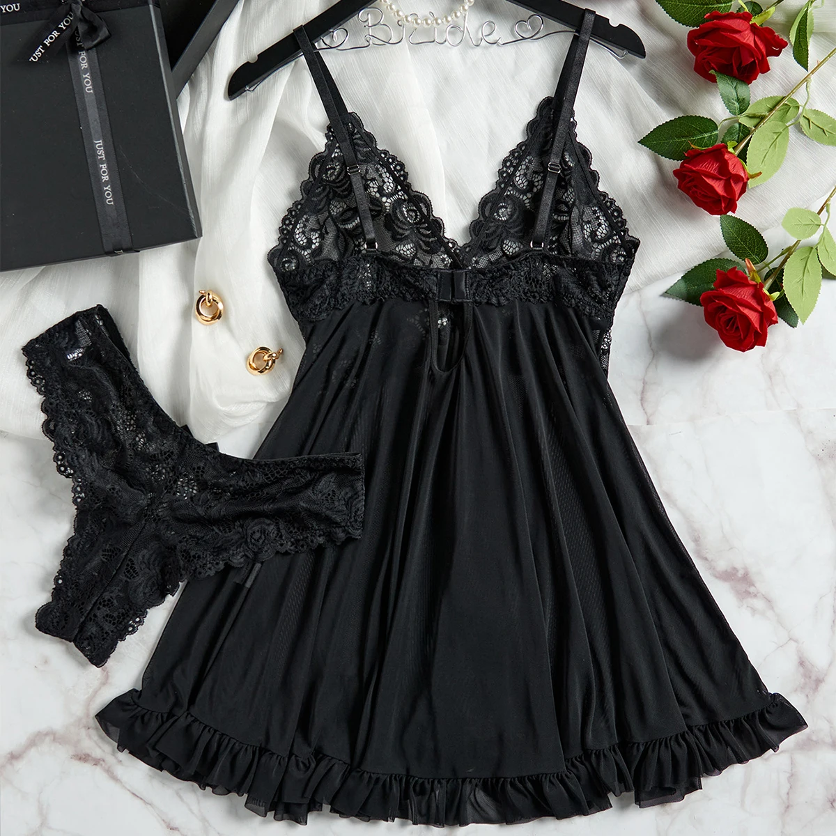 Push Up Bras Contrast Lace Ruffle Trim Lingerie Set Deep V Slip Dress Thong Women\'s Sexy Lingerie Underwear Nightdress Women