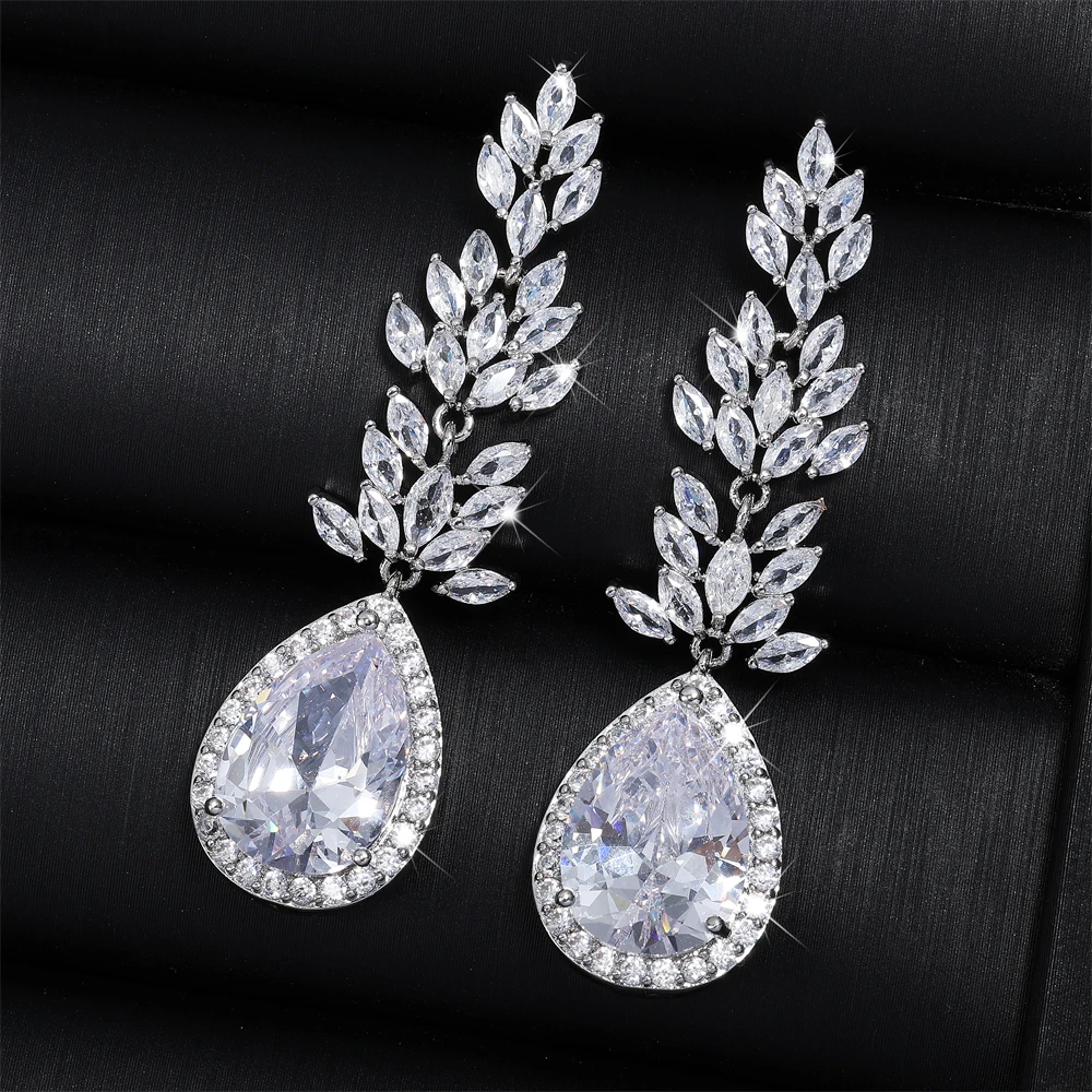 ZAKOL Luxury Leaf Cubic Zirconia Long Bridal Earrings for Women Fashion Water Drop Silver Color Wedding Jewelry Bijoux