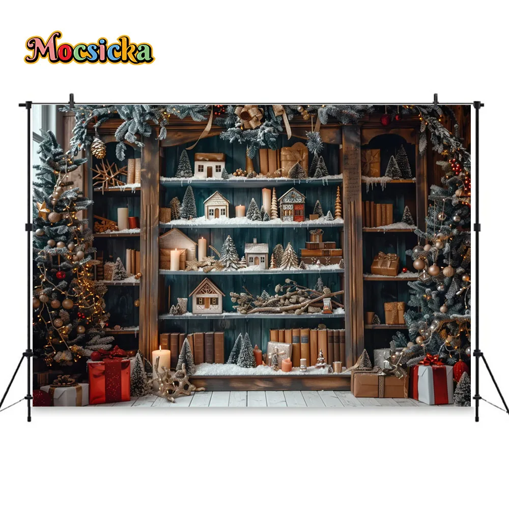 Christmas Bookshelf Photography Background Santa Wooden House Xmas Tree Candle Backdrop Kids Birthday Cake Smash Photo Studio