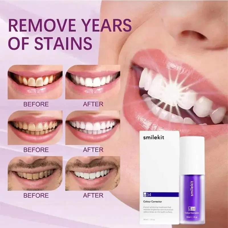 V34 30ml SMILEKIT Purple Whitening Toothpaste Remove Stains Reduce Yellowing Care For Teeth Gums Fresh Breath Brightening Teeth