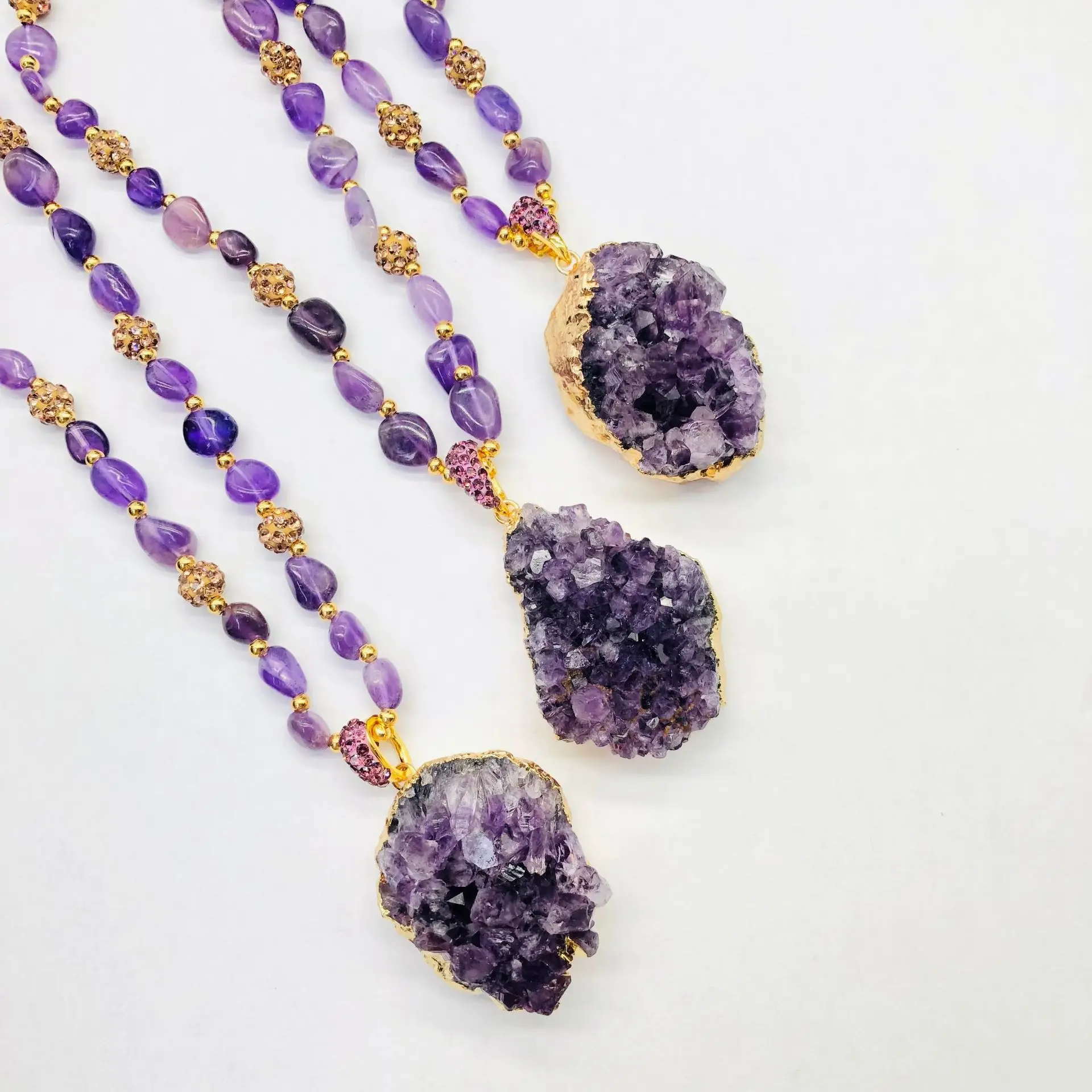 Fashion Irregular Amethyst Crystal Cluster Pendant Necklace Earrings Women Long Sweater Chain Raw Crystal Jewelry Party Gift