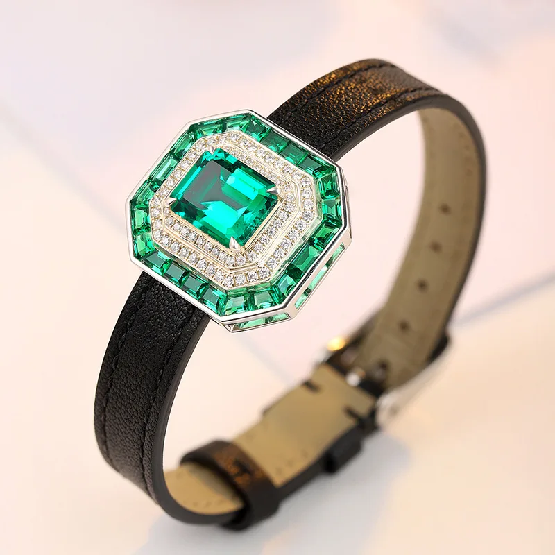 Special Design Luxury Lab Grown Colombian Emerald Green Color Gemstone Silver Bracelet With Genuine Leather Watch Strap