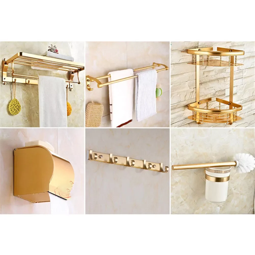 Bathroom Accessories Set Wall Mounted Bath Toilet Hardware Towel Bar Shelf + Row Hook +  Roll Tray +Toilet Brush + Double Tripod