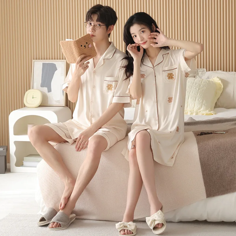 Couple Ice Silk Pajamas Women's Summer  Nightgowns Men's Cardigan Short Sleeve Shorts Loungewear Sleepwear bedding set pijama