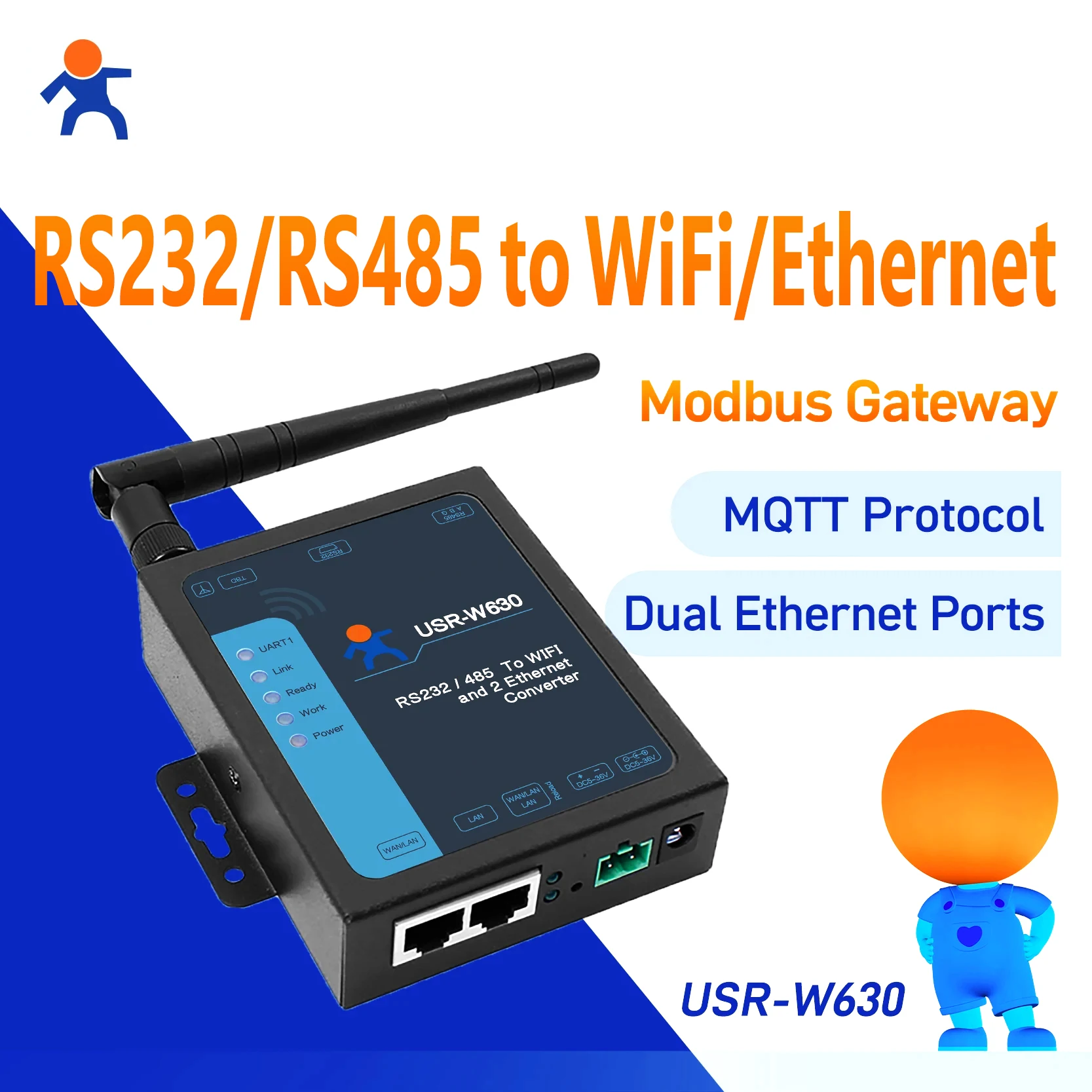 

RS485 RS232 Serial to wifi/Ethernet Converter Device Server modbus RTU to Modbus TCP gateway MQTT 2 Port Two Lan PUSR USR-W630