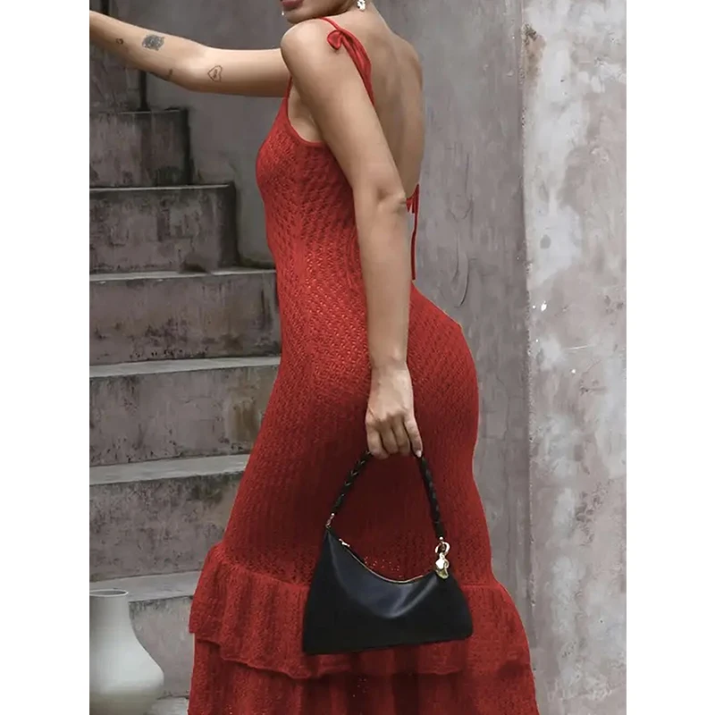 レディースビーチホリデーニットビキニカバーアップ、無地ダブルフリルスリップドレス、セクシーな透かし彫りビーチウェアカバーアップ