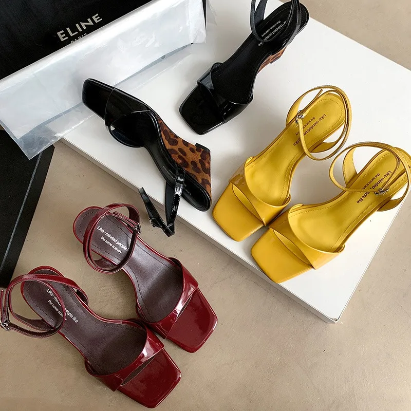 MKKHOU Fashion Pumps New High Quality Genuine Leather Sandals Square Head Open Toe Ankle Buckle Slope Heel Sandals Women Shoes