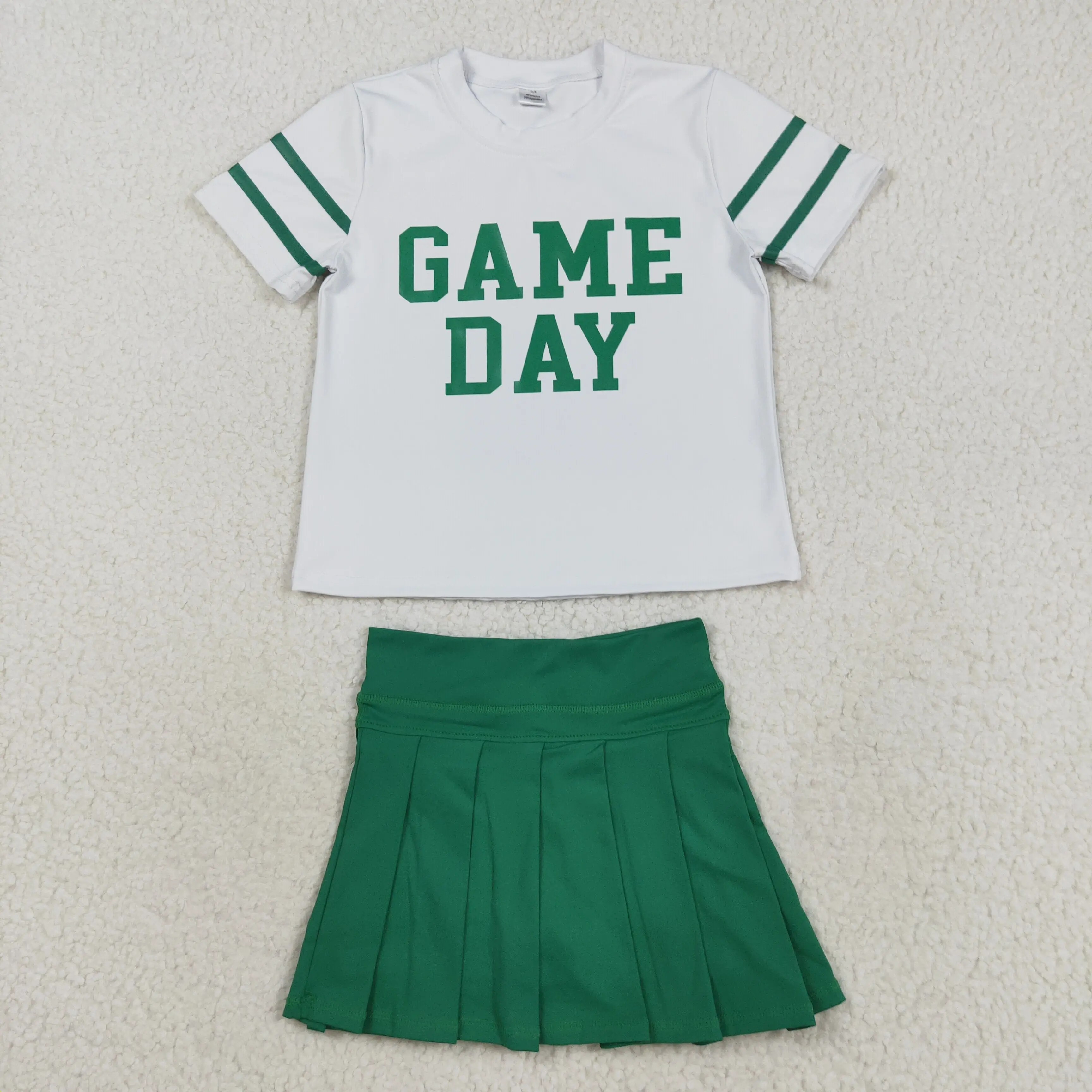 

Baby Girls Green Vinyl Game Day Top with Pleated Skorts Short Sleeve Yoga Active Team Set for Kids