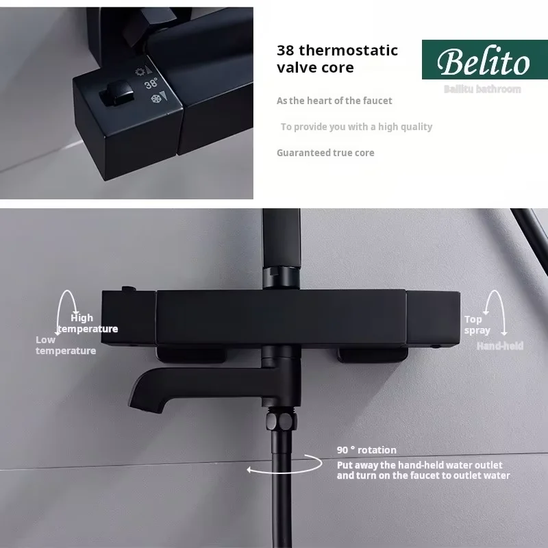 Black Brass 3-Function Bathroom Shower System with Rainfall Shower Head and Ceramic Valve Core