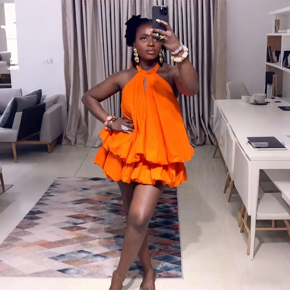 Women's Lace-Up Halter Sleeveless Backless High-Waist Ruffled Tierred Mini Dress, Solid Color, Sexy