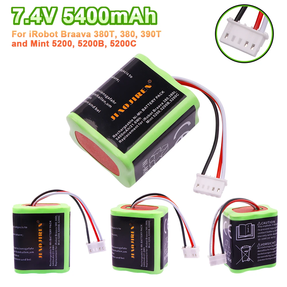 7.2V 5400mAh NI-MH Battery for iRobot Braava 380T 380 390T Mint 5200 5200B 5200C Vacuum Cleaner upgraded high capacity for 380T