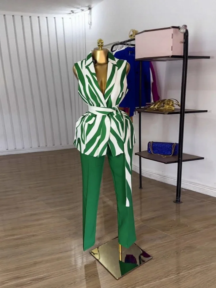 

Wmstar комплект из двух предметов, женский оптовая продажа, лето 2025 года, повседневный костюм без рукавов с трансграничным принтом, куртка, брюки с поясом