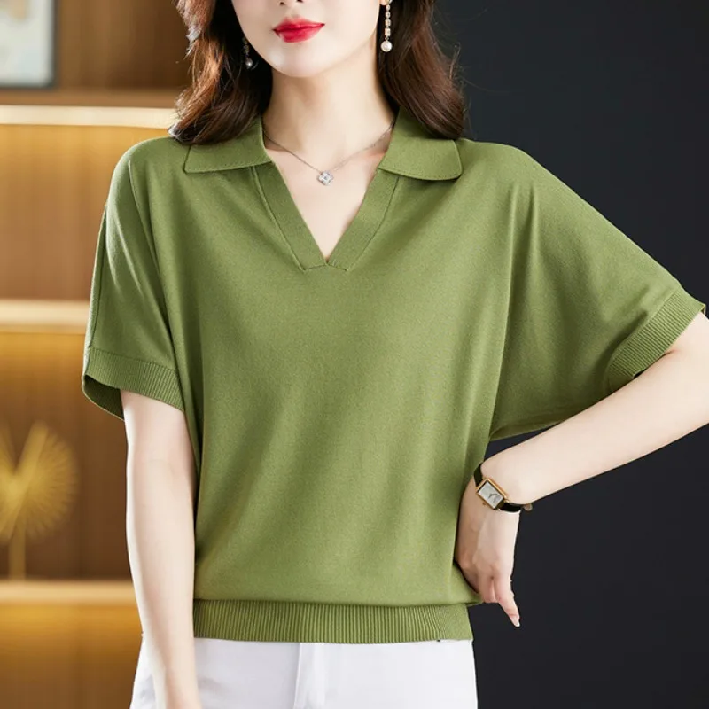 

Spring and Summer Women's Pullover Polo Neck Solid V-Neck Bat Short Sleeve T-shirt Women's Sweater Knit Fashion Casual Tops