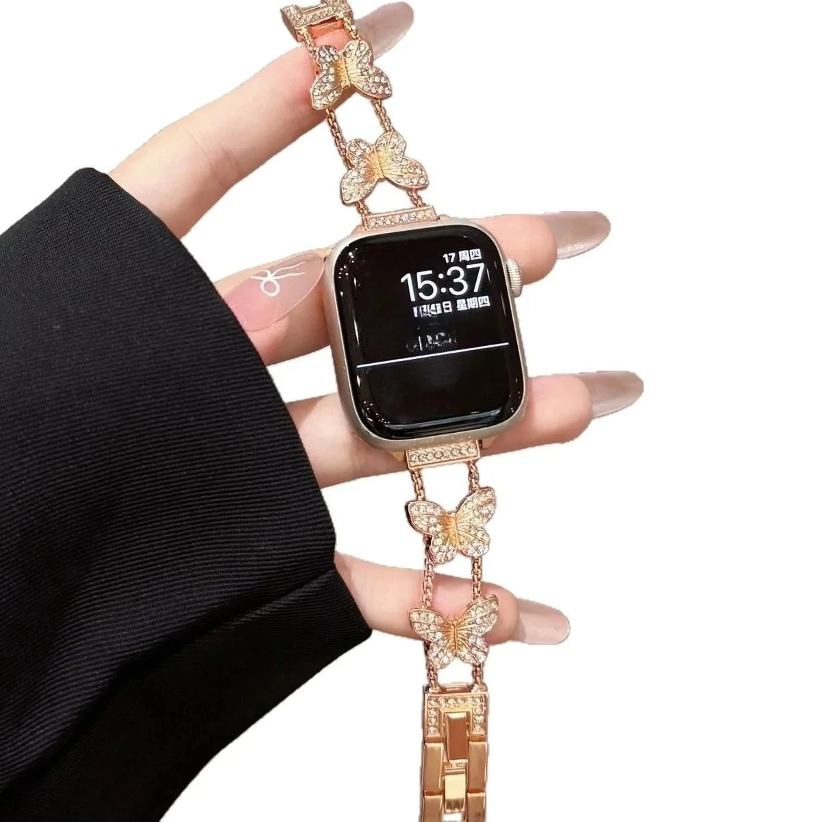 

Ремешок из нержавеющей стали для Apple Watch 40 мм 46 мм 44 мм 41 мм 45 мм 49 мм, браслет-бабочка с бриллиантами для IWatch Ultra 10 9 8 7 SE 5 4