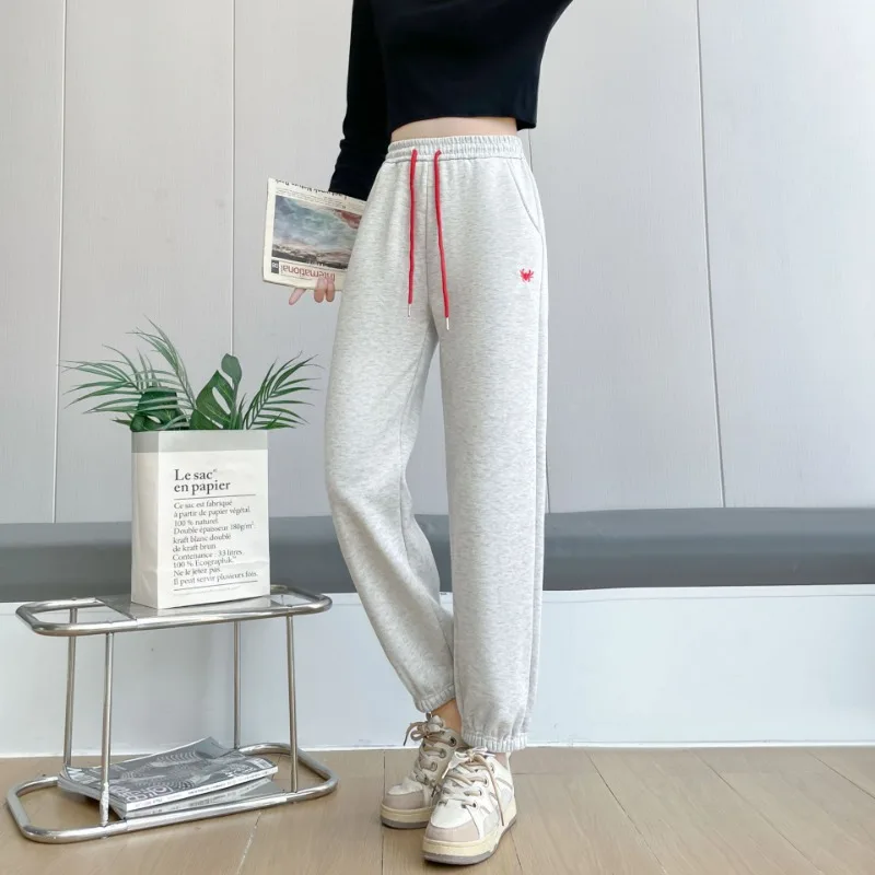 Pantaloni sportivi da donna in pile Pantaloni casual con ricamo a contrasto di colore Peluche Addensare Pantaloni Harem Pantaloni sportivi elastici a vita alta