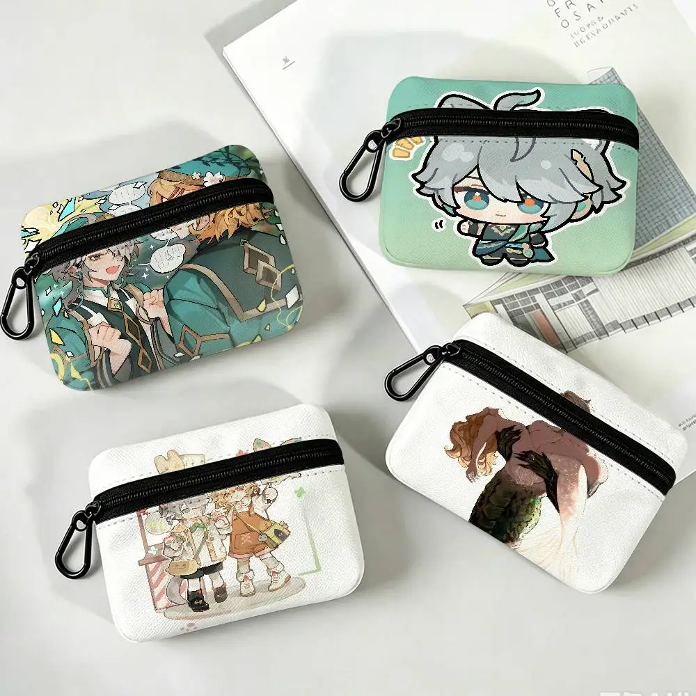 G-Genshin-Impact Fantasy-Ethereal Portable Oxford Fabric Mini Wallet Carabiner Design Small Coin Bag For Cards Keys Earphones