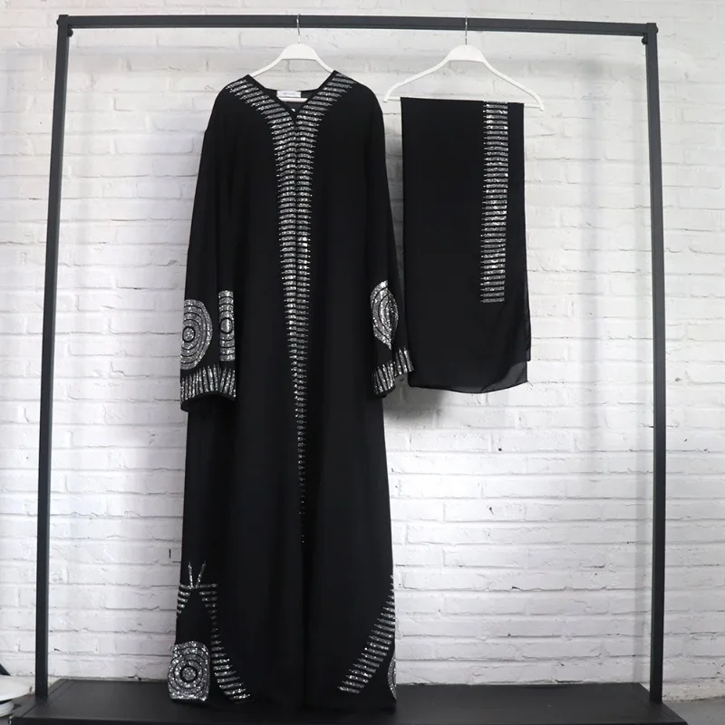 2023 Fashion New African Style Women Solid Diamonds Long Robe Sexy V-neck Full Sleeve Large Swing Long Dress with Headscarf Belt