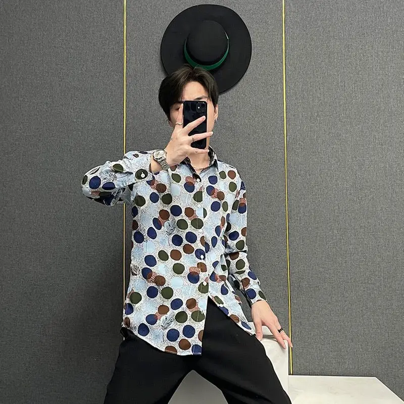 Spring Summer Men Polka Dot Print Long Sleeve Shirt Thin Casual Fashion Streetwear Top