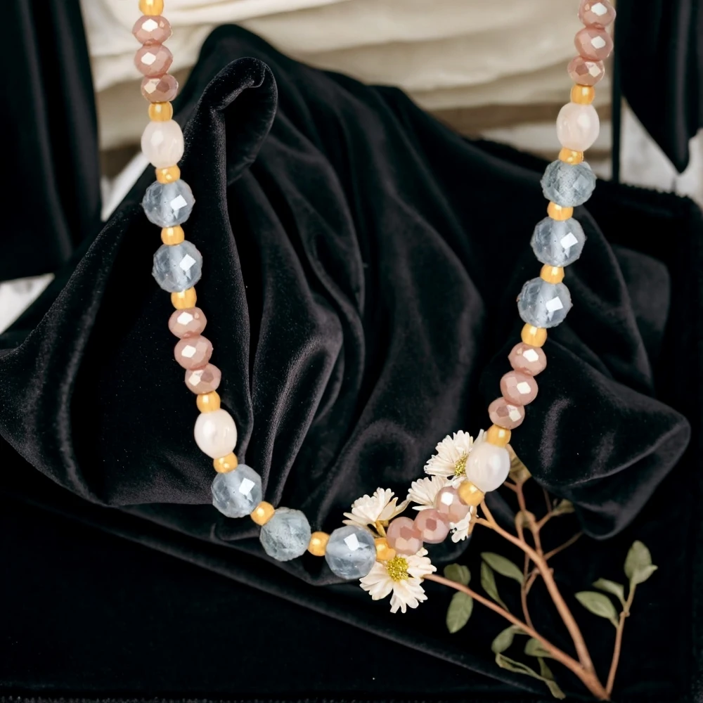 

Women's Necklace Natural Glass Stone Freshwater Pearl Pendant Stainless Steel Fashionable and Versatile Jewelry Accessory