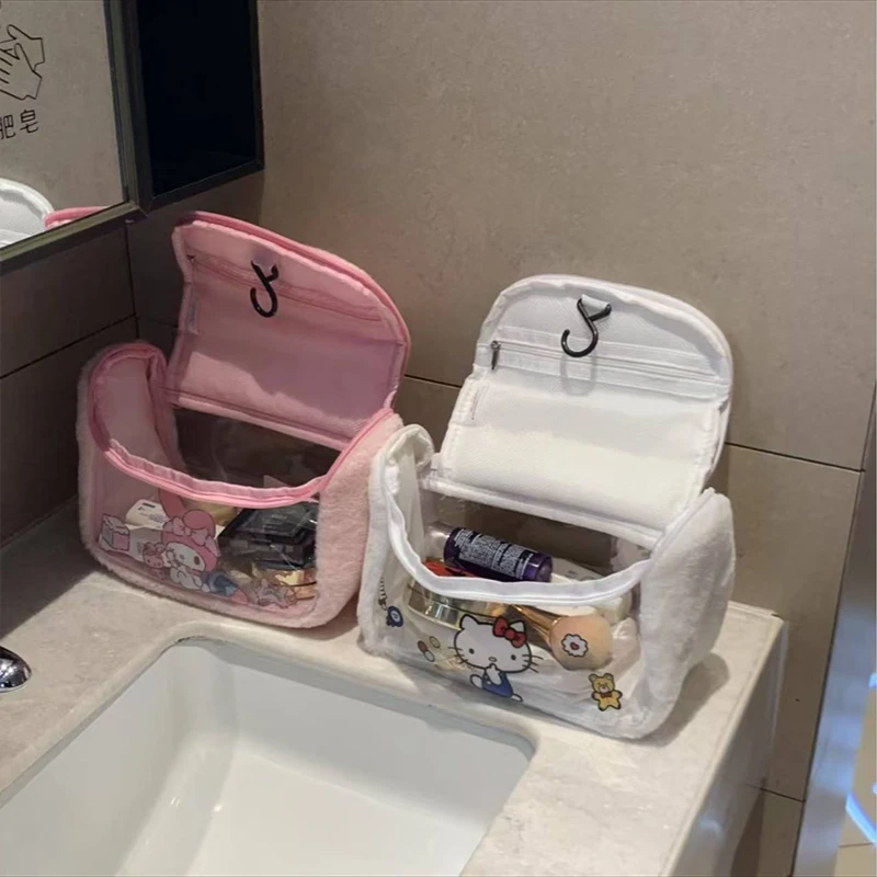 Bonito sanrio olá kitty saco de maquiagem figura dos desenhos animados melodia kuromi viagem portátil saco de armazenamento de cosméticos presentes de pelúcia meninas