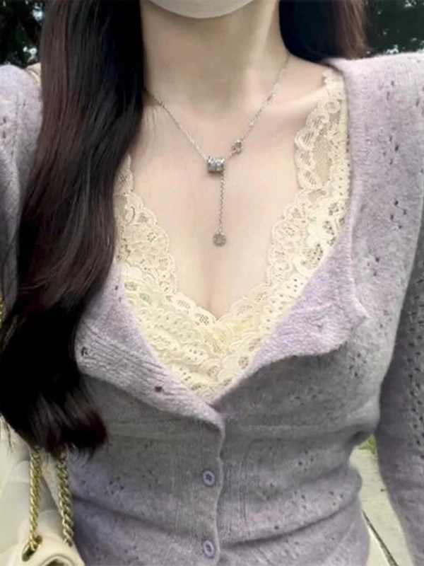 

Футболка Slim Fit V-Ne Long Sve, женская внутренняя одежда, дизайн с застежкой на талии, фиолетовая, для поездок на работу, корейская версия