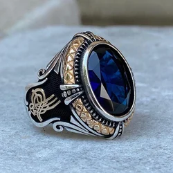 European Punk Vintage Gothic Two Colors Blue Crystal Finger Men's Ring Engraving Anchor Geometric Pattern for Male Party Jewelry