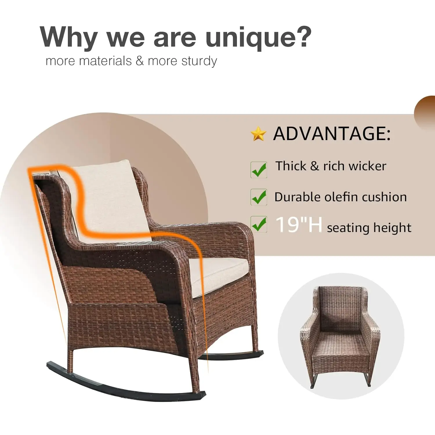 Resin Wicker Rocking Chair Olefin Cushion Patio Yard Club Rocker Brown Beige, Customized view 6