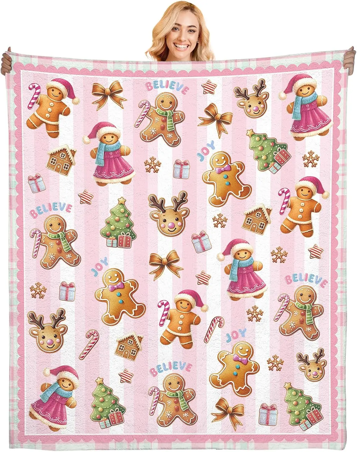 New in 2026Christmas Gingerbread Blanket Gift for Kids Women Girls Cute Pink Xmas Decorations Bedroom Living Room Home Cozy Flannel Throws Presents Kids Birthday 50