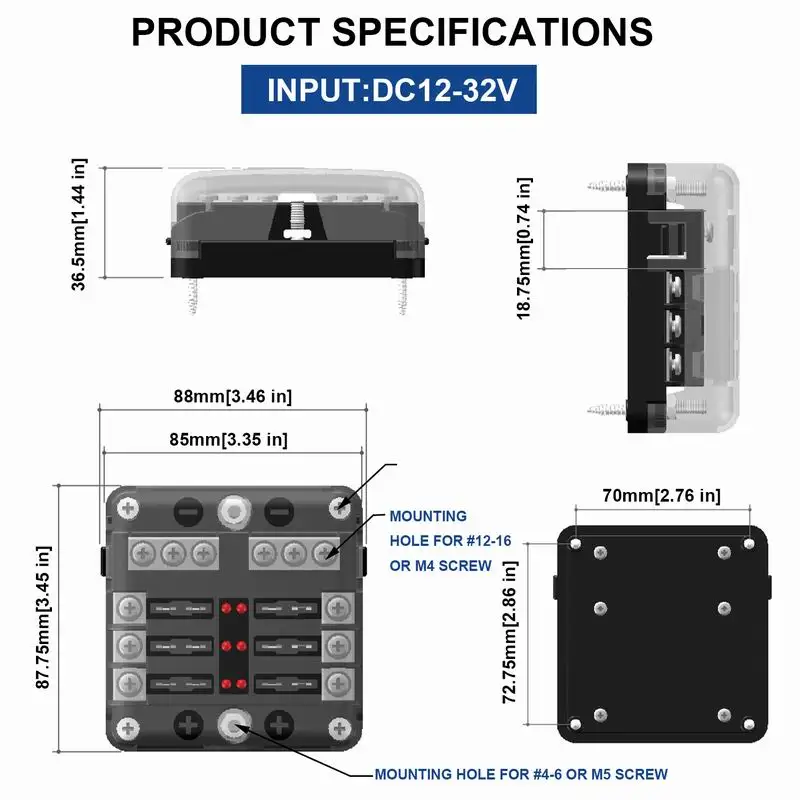 Car Boat Fuse Box Holder With 6 Ways 12 Ways Blade Fuse Holder Block & Warning Indicator 12V 36V Power Distribution Panel Board