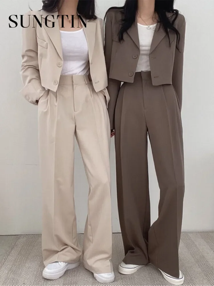 Sungtin Korean Casual Women Suits Blazer Jacket OL Wide Leg High Waist Pants Suits Female Two Piece Sets Elegant Crop Tops Coats