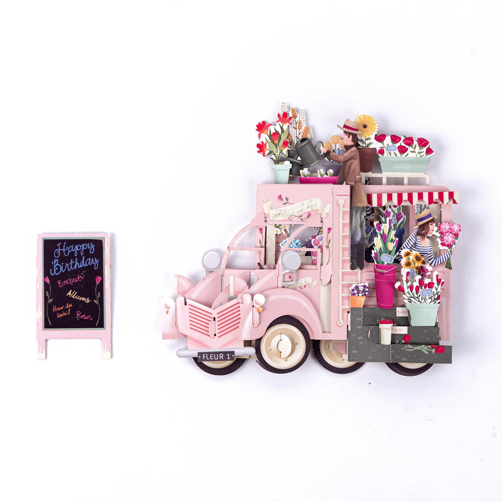 

3D Pop-Up Birthday Card - Charming Cartoon Vintage Green Car & Colorful Flowers, Personalized Greeting | Playful Design