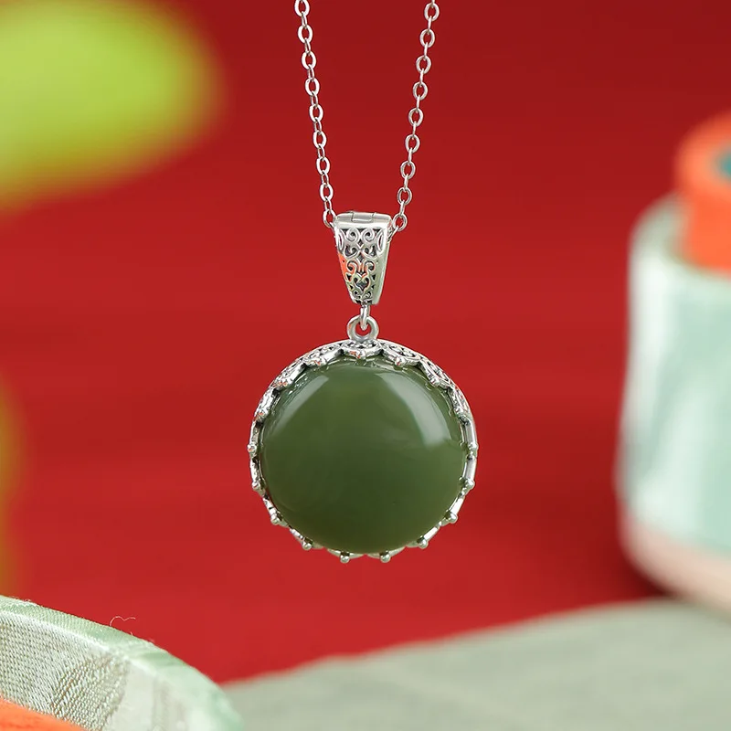 Natural Hetian S925 Sterling Silver Ruyi Round Green Jade Pendant Ancient Style New Design
