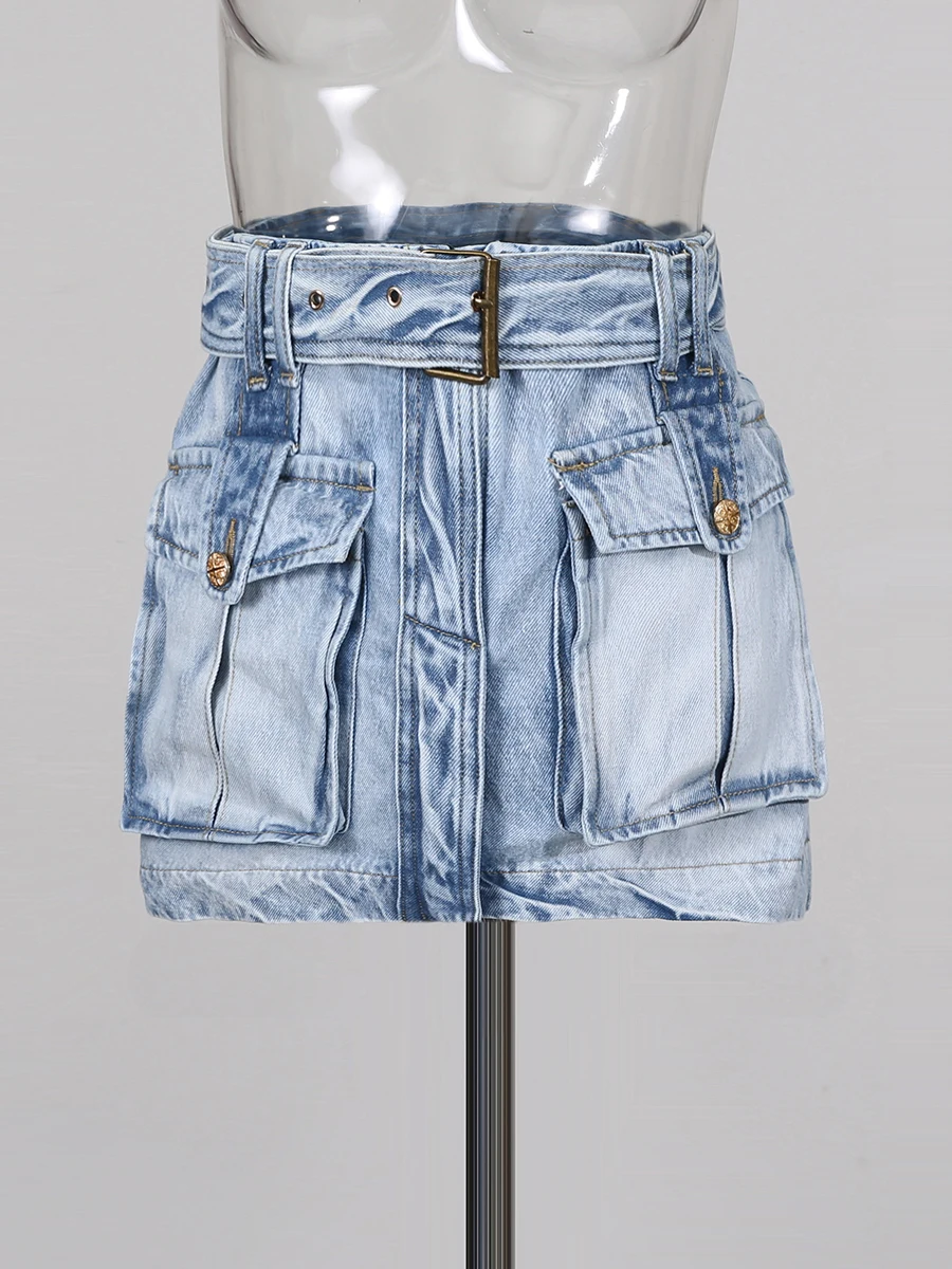 TWOTWINSTYLE Hot Girl Style Cargo Gonne corte per le donne Vita alta Patchwork Lace Up Nozioni di base alla moda Gonna di jeans Donna Nuovo