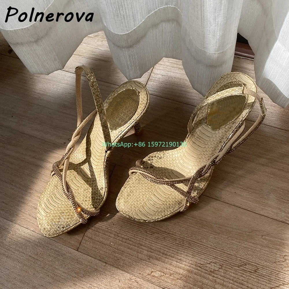 

Snakeskin Cross Tied Bling Sandals Solid Round Toe Thin Heels Elastic Band Shoes Roman Outdoor Slingback Stiletto Party Shoes