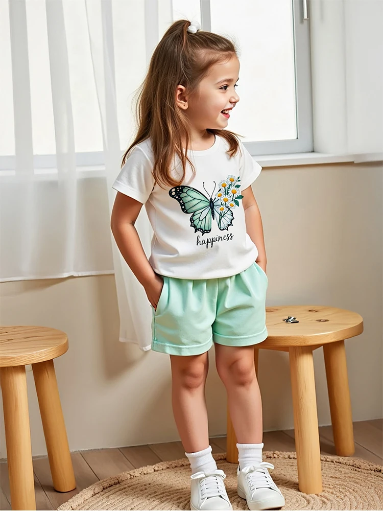 

2025 Girl Outfits Children's Top+Bottom Clothes 2pcs Set Neck Short Sleeve for Kids Girls Summer Clothing for 2-8Years Outdoor