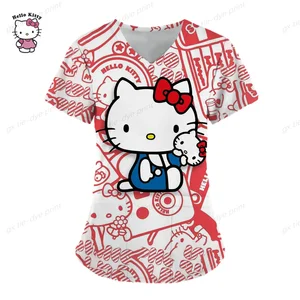Frauen Taschen mit Ausschnitt gegen Uniform Krankenschwester, liebevolle Arbeiter t -Shirt, Krankenschwester Tops, klinische Arbeitskleidung, Kurzarm, gedruckte Oberteile, Hallo Kitty 6 Hauptverkäufe nach der Operation - №1