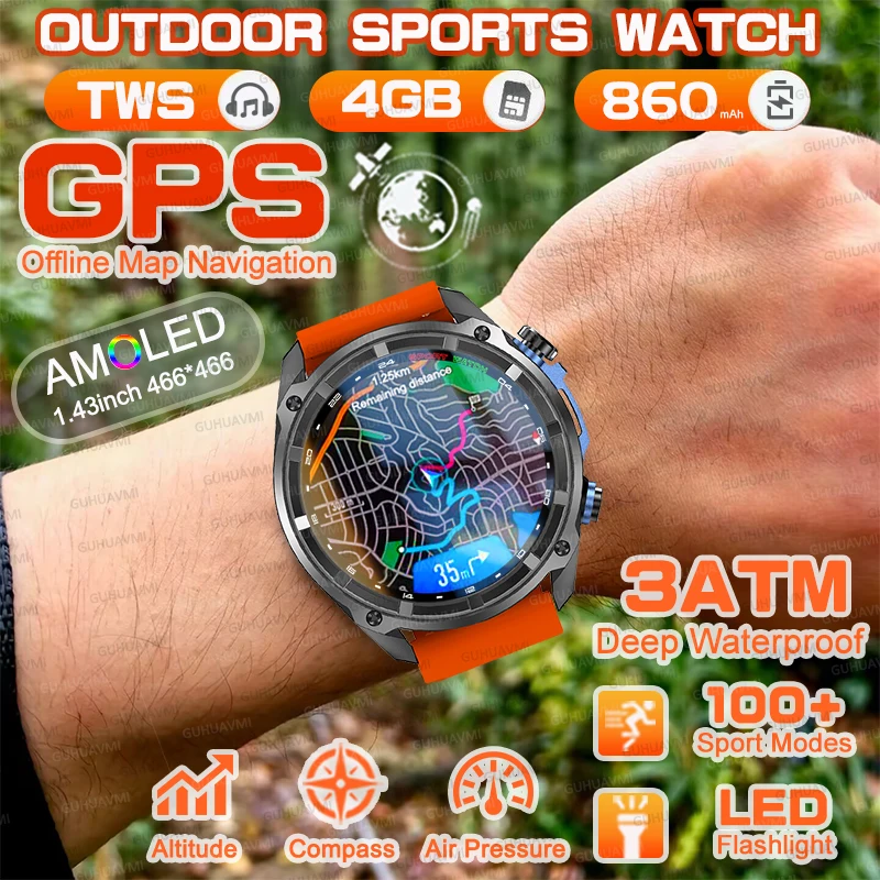 

2025НОВЫЕ 4 ГБ памяти, локальная музыка, TWS, GPS-карта, умные часы для мужчин, 1,43 дюйма, 466*466 HD AMOLED-экран, 860 мАч, компас, водонепроницаемые умные часы