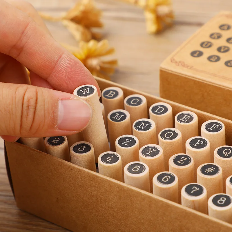 Sello cilíndrico de letras de madera, manual de bricolaje, decoración de diario, serie inglesa, 2 opciones, 40 piezas