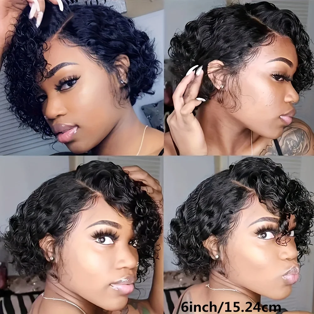 pixie cut remy hair 150% density 13×1 T part lace human hair wig for women short curly human hair wig 6inch natural black color