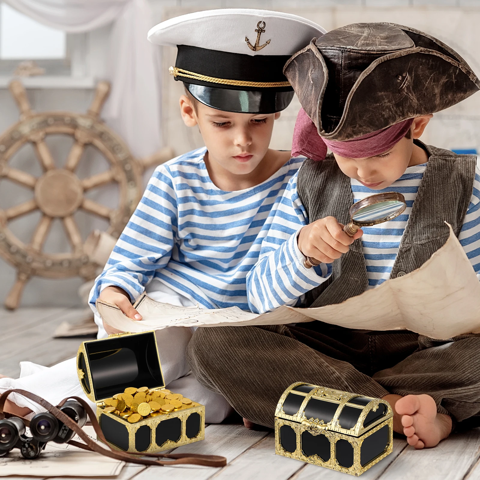 

12 pcs Plastic Pirate Treasure Chest Candy Boxes Storage Favors Party Wedding Kids Toys Prizes Classroom Rewards Golden Black