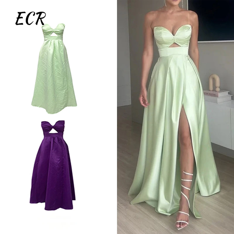 

ECR Sexy Slimming Long Dresses For Women Strapless Sleeveless Backless High Waist Thigh Split Folds Dress Female Fashion Style