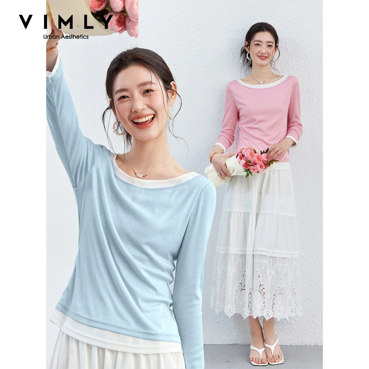 

VIMLY Women's Long Sleeve Top Slim Fit T-shirt Ladies 2026 Spring New Fashion Casual Off Shoulder Color Block Knit Tees A6068
