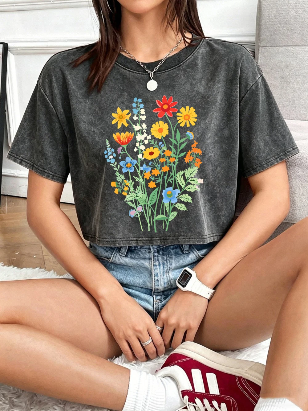 T-shirts courts pour femmes avec imprimés de fleurs magnifiques et dynamiques, en coton lavé, coupe classique, col rond, style Y2K, pour l'été