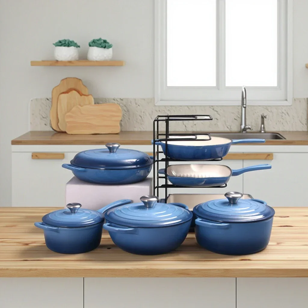 تصنيع أواني الطبخ من الحديد الزهر ما وراء 7 قطع للتخييم الكلاسيكي أفضل مجموعة أواني طهي من الحديد الزهر المطلي بالمينا