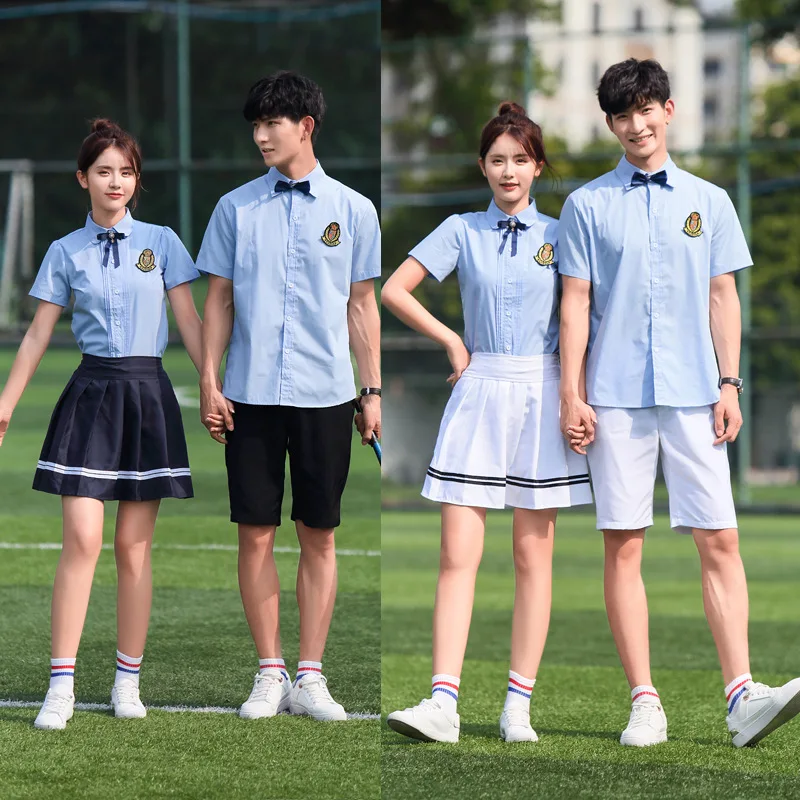 Schuluniform-Set für Jungen, koreanische britische Klassenuniformen, High School JK, Sommer, blaues Hemd, Faltenrock, Shorts, Cosplay-Kostüm